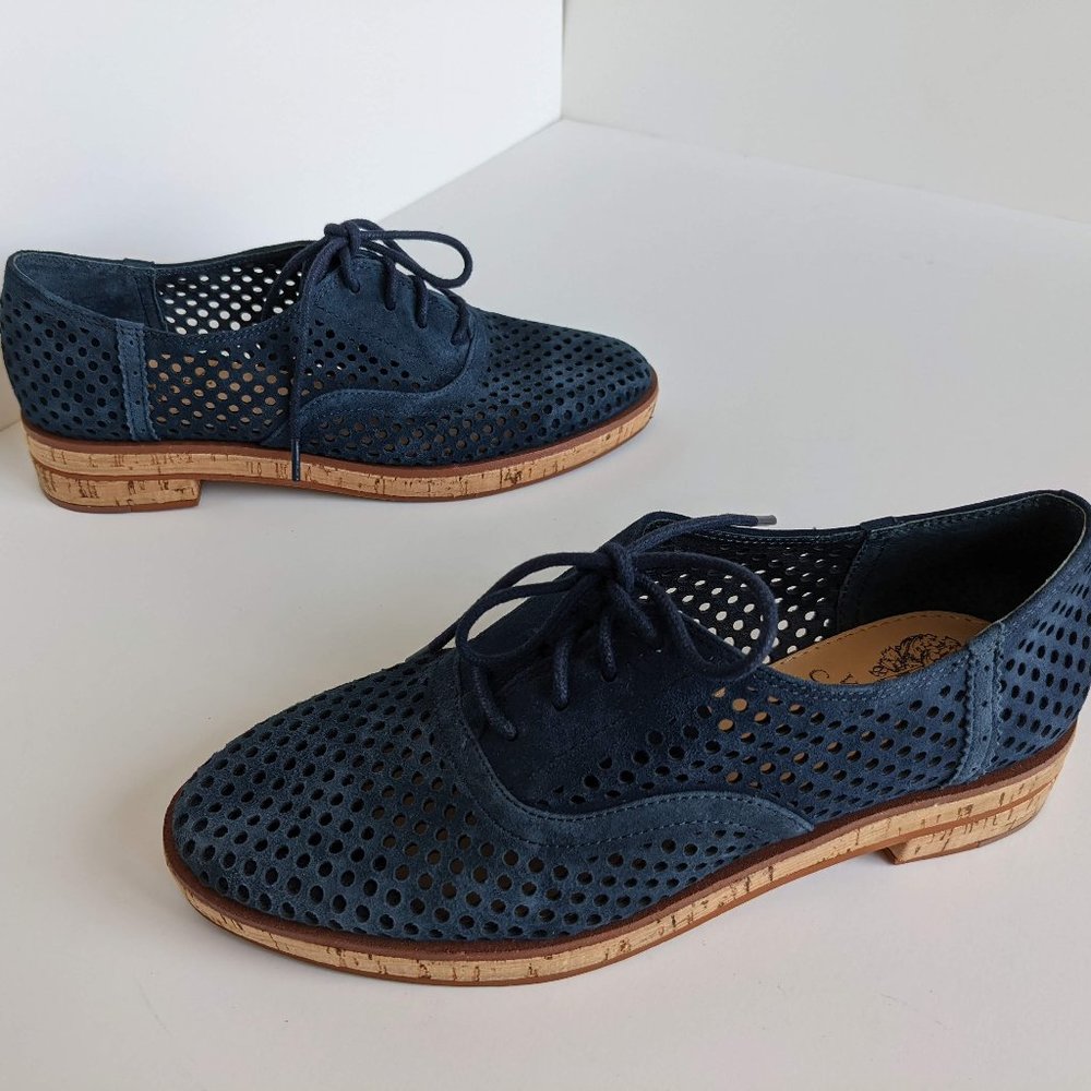 Vince Camuto Salisa Perforated Navy Blue Suede Cork Oxford Shoes Womens Size 5